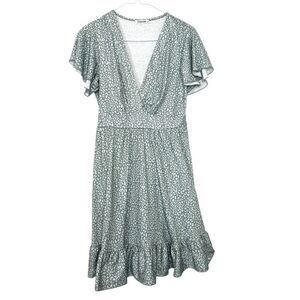 Torary Floral Short Sleeve Ruffle Wrap A Line Dress Green White Medium